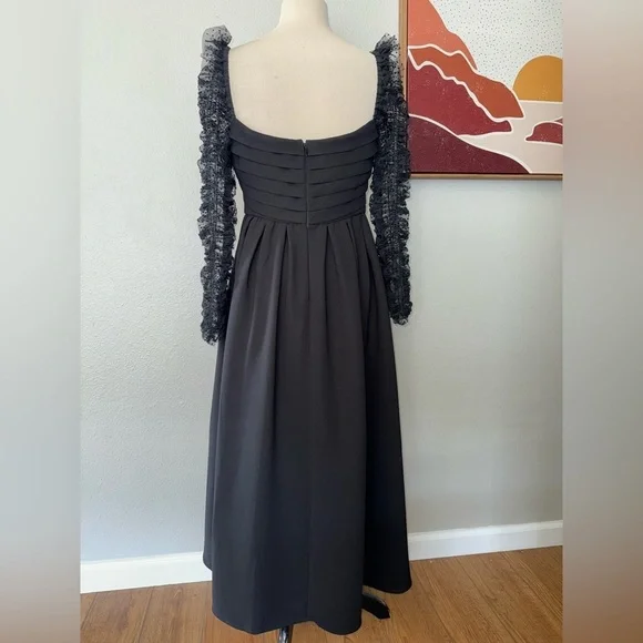 SELF-PORTRAITRuffled black Dotted Tulle And Crepe Midi women’s dress size 6